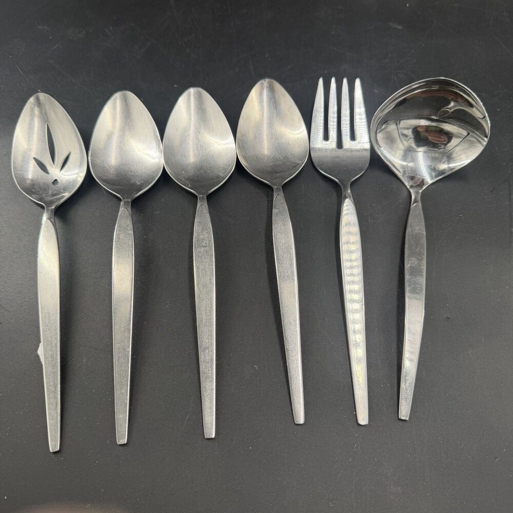 VTG Oneida Community FROSTFIRE Stainless Serving Lot of 6 Spoons Fork Ladle